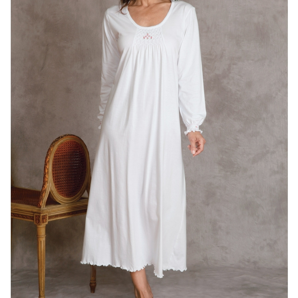Schweitzer Linen Arielle 100% Pima Cotton Nightgown White Pink Floral Rosette M